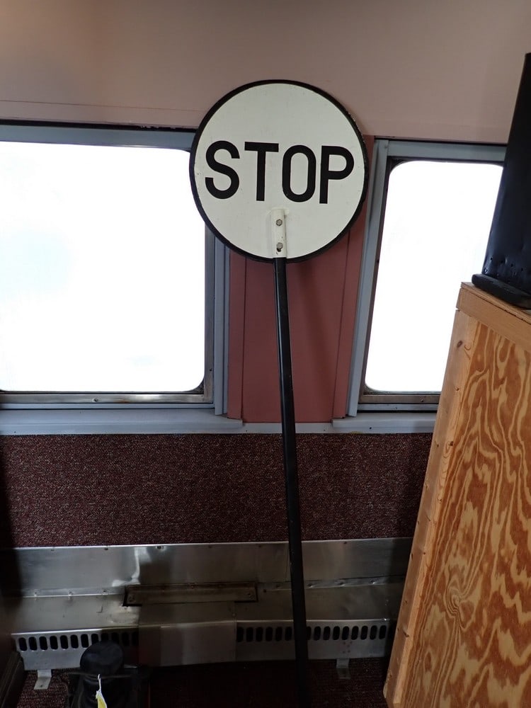 Enamel "Stop sign" with handle: double-sided, little chipping on enamel 66"H Dia. 16"