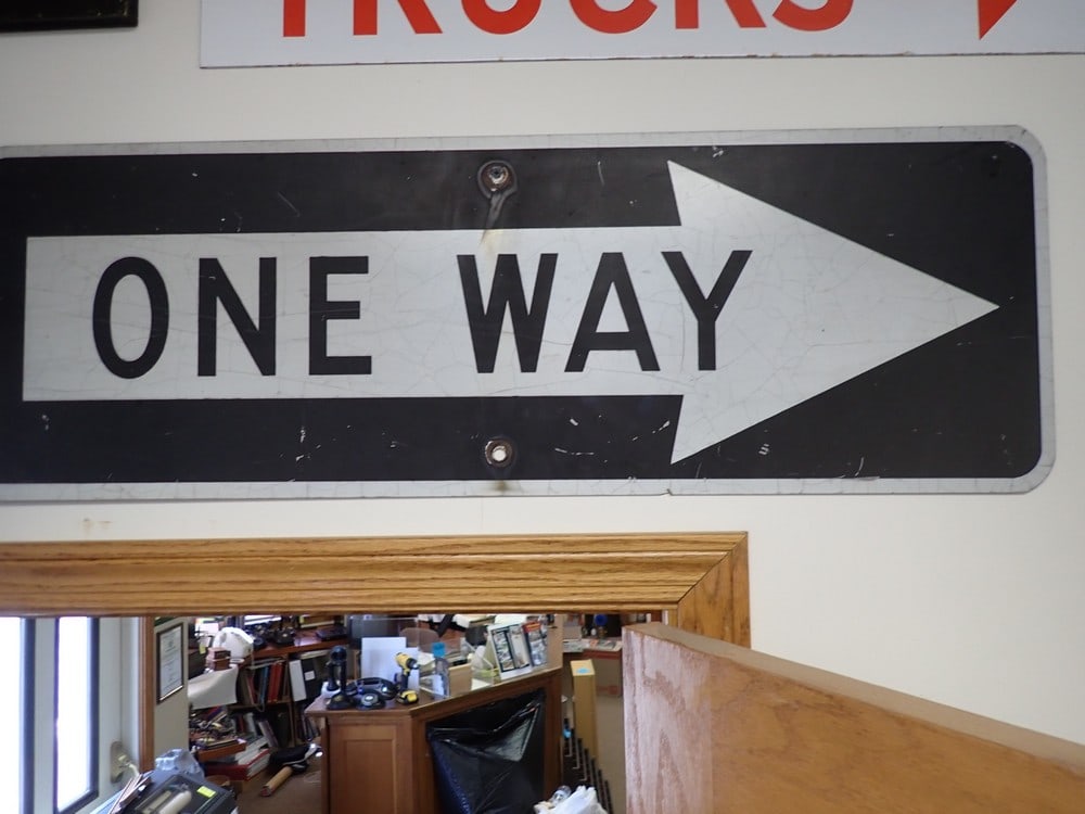 "One Way" Metal Sign: Has some wear.12"H x 36"W