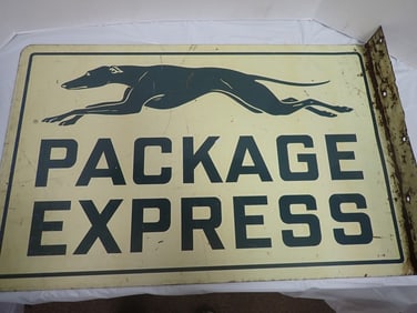 "Greyhound Package Express" flanged sign