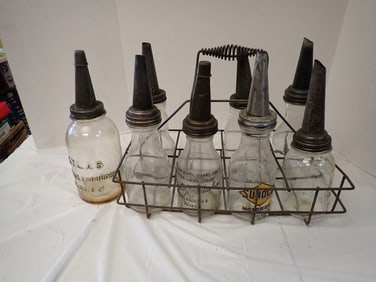 Antique Glass Oil Bottle Metal Carrying Rack