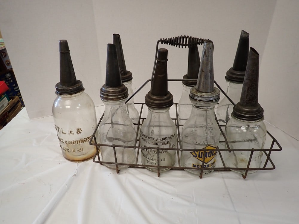 Antique Glass Oil Bottle Metal Carrying Rack (1 of 7)