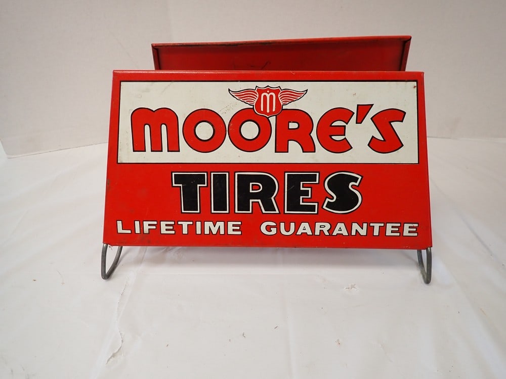 "Moore's Tires Lifetime Guarantee" Tire Holder Display: 8 5/8H x 13 1/2L
