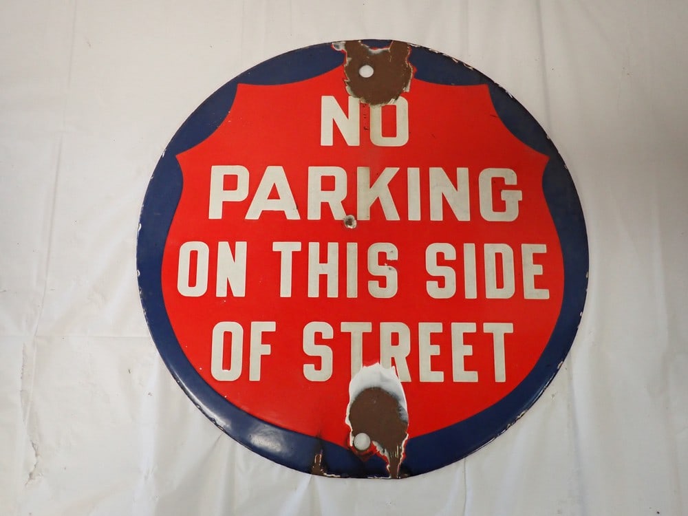 Vintage enamel "No Parking on This Side of Street" sign (1 of 4)