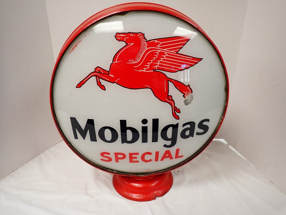 "Mobilgas Special" Pump Globe: Has Pegasus Design, glass is cracked on side18"H x 6"D, 16" Dia.