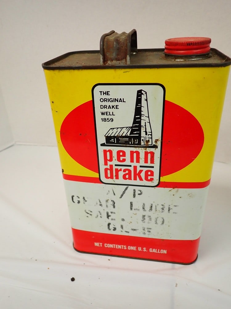 Vintage Oil Can "Penn Drake": "The Original Drake Well" 1859. Gallon oil can, surface rust, 10"H with handle x 6 1/2W x 4D