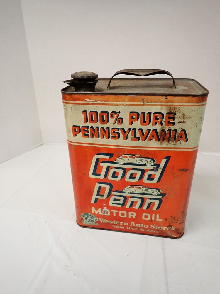 Vintage Oil Can "Good Penn" "8 US Qts": Surface rust, dent 10 1/2H w/o handle x 8 1/2"W x 5 1/2"D