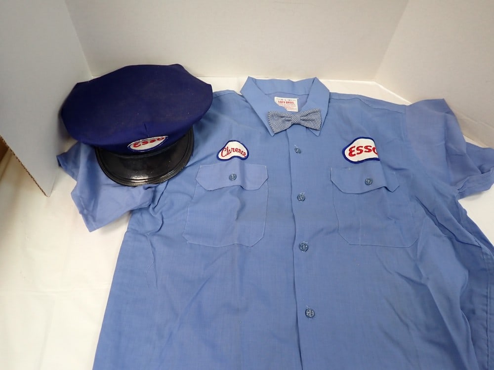 "Esso" Attendant Shirt & Hat: Cap has "Esso" patch; shirt has "Esso" patch & name, 16L 16 1/2 with bow tie clarence