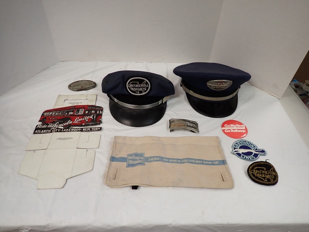 Bus Memorabilia: 2 Trailways Drivers Cap, Trailways Belt Buckle, normal wear