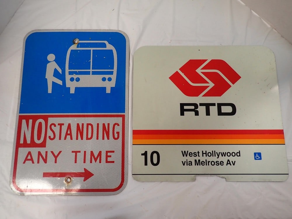 2 metal signs: "R.T.D." "West Hollywood & Melrose", broken at bottom, 15H x 16W;"No Standing At Any Time" 18H x 12