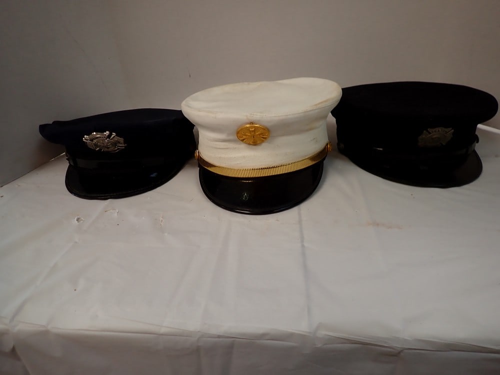 3 Firefighter Hats: One "Felton, Chester, PA" badge; one "Munhall, PA" Badge & other