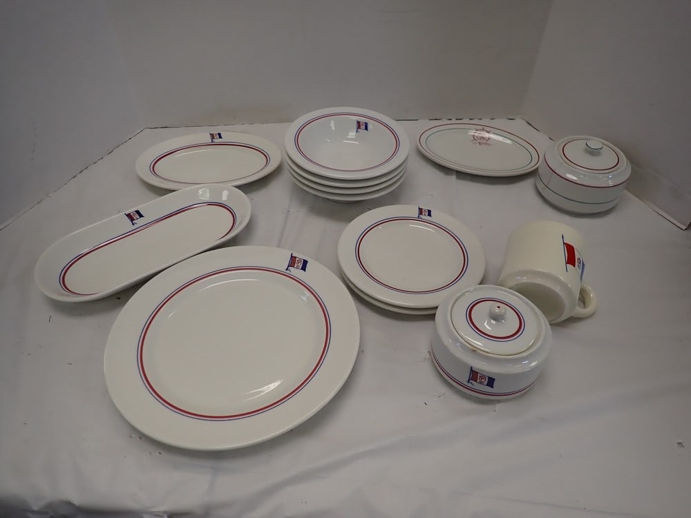 Great Lakes Freighter/Liner China: 4 Bonus: 1 coffee cup, 2 sm plates, 1 oval plate, 1 elongated plate. Sugar bowldifferent line. (1 sugar bowl, 1 sm. plate has crack)