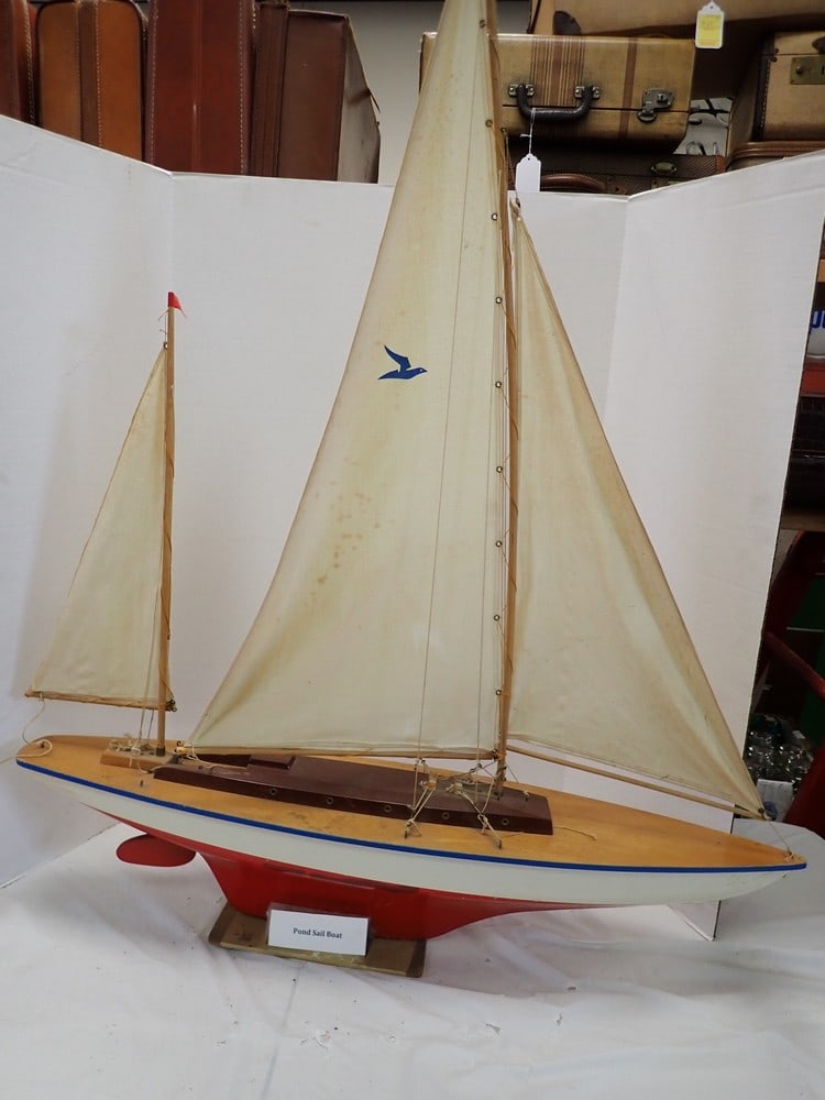 Wooden Pond Sailboat: Some staining on fabric sails 44"H