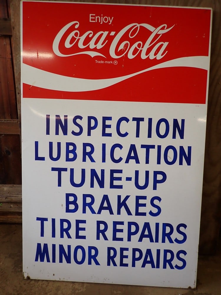 Coca-Cola Auto Shop Advertising Sign: has Coke logo on top & lists different auto repair services available. has some scuffs & reverse has some surface rust57 1/2"H x 37 1/2"W