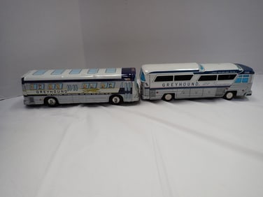 2 Greyhound Tin Friction Buses