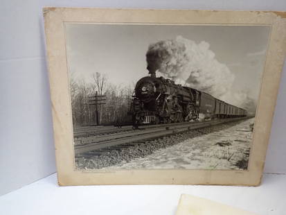 R.R. Photos & prints, etc.: Steam engine photo, PA R.R. Stock Certif., NY Central print, Train employee picture.- 1924 locomotive lubrication chart, 12 1/2 x 38 (12 x 20 smallest) framed sheet music has wear