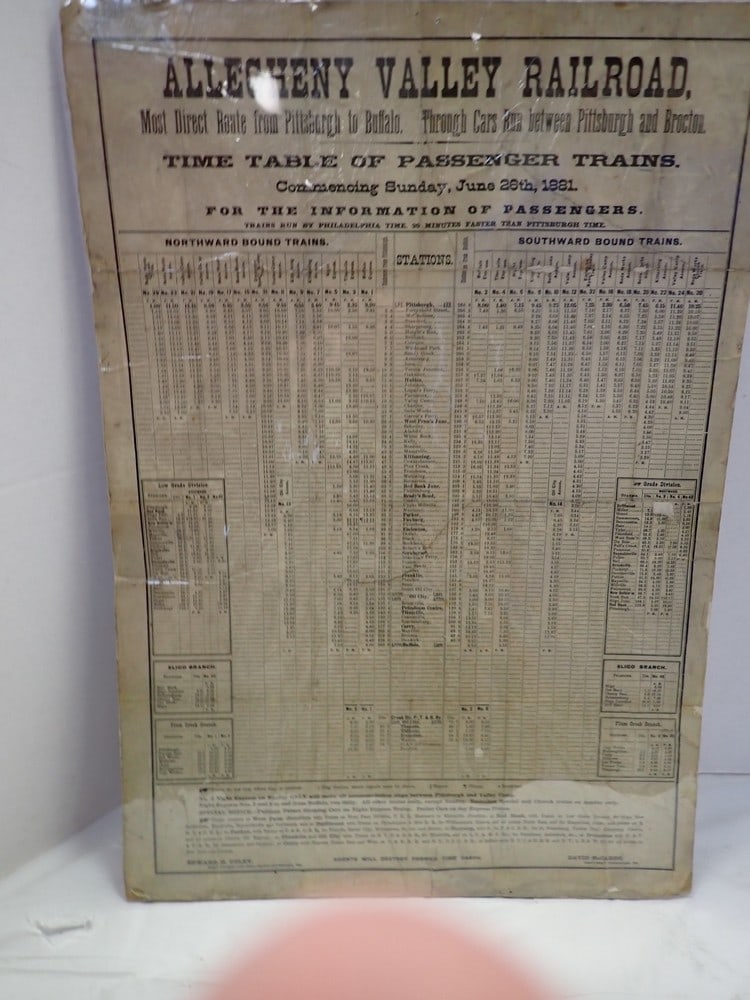 Allegheny Valley R.R. Schedule Broadside: little paper loss & tearing 23 1/2 x 16 1/2; Shrink wrapped