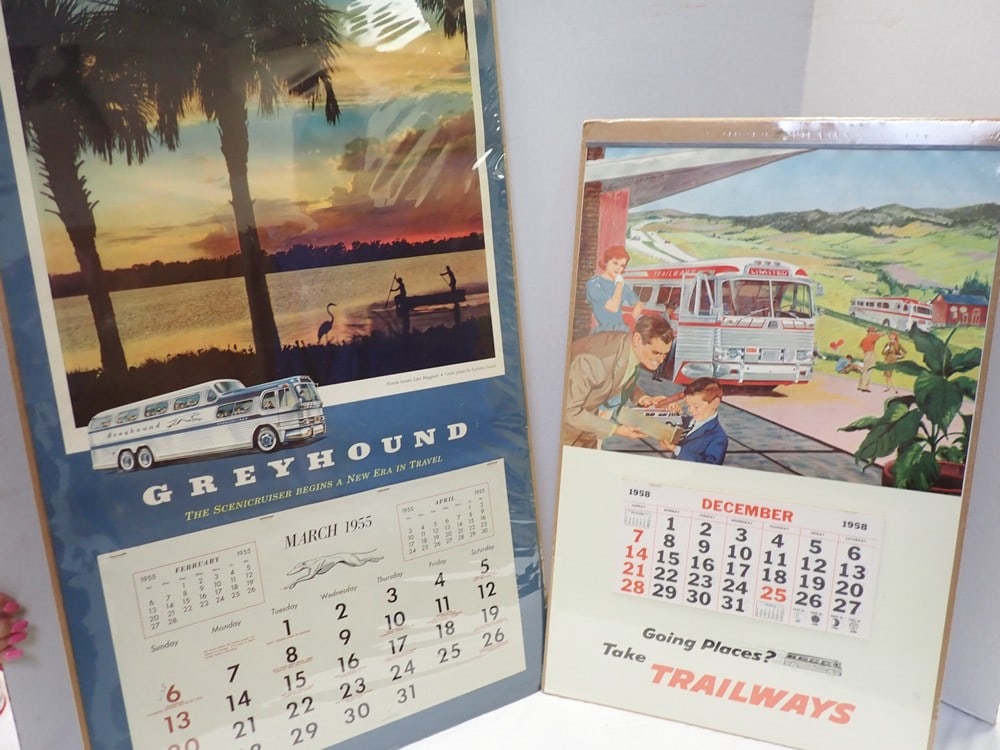 Greyhound & Trailways Bus Calendars: 1955 Greyhound 37 x 18 partial pad;Trailways 24 x 15 partial pad; Shrink wrapped