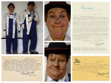 Laurel & Hardy Full size wax figures & 3 Stan Laurel Signed cards and Letters