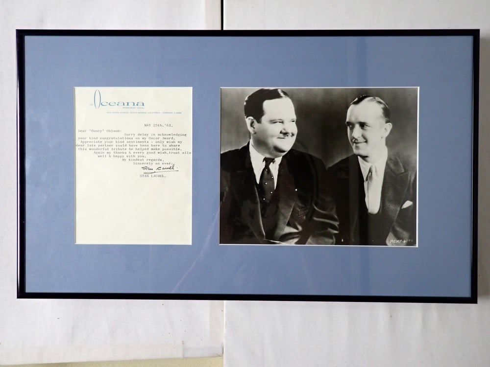 1961 Laurel signed letter w/ Laurel & Hardy photos: Letter thanking a well wisher for congratulating him on hi Oscar award. "He wishes his dear late partner could have been here to share this wonderful tribute he helped make possible." Late 20th centur