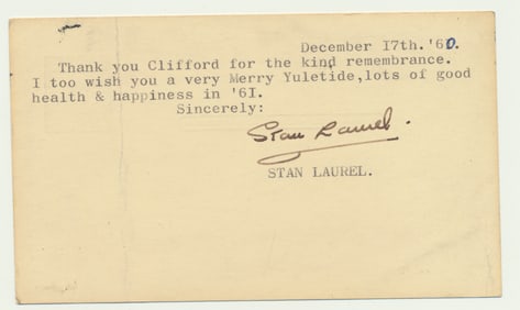 Stan Laurel Signed Postcard with COA