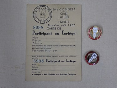 1937 Laurel & Hardy Club Lapel Pins and card
