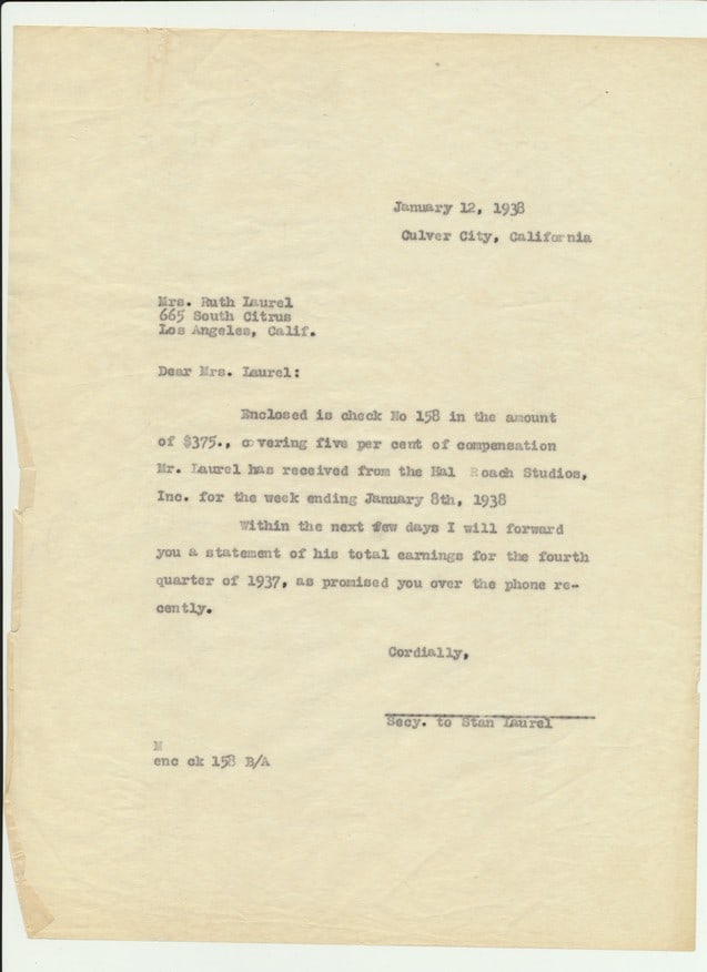 (5) 1937 & 1938 Letters and Checks to Ruth Laurel (1 of 15)
