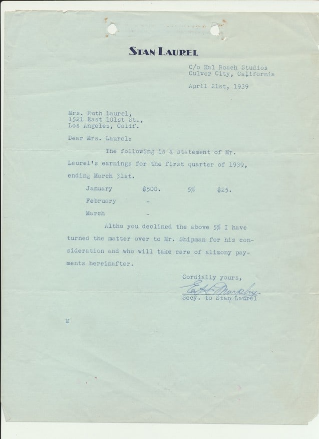 1939 Stan Laurel earning statement, 1940's checks (1 of 7)