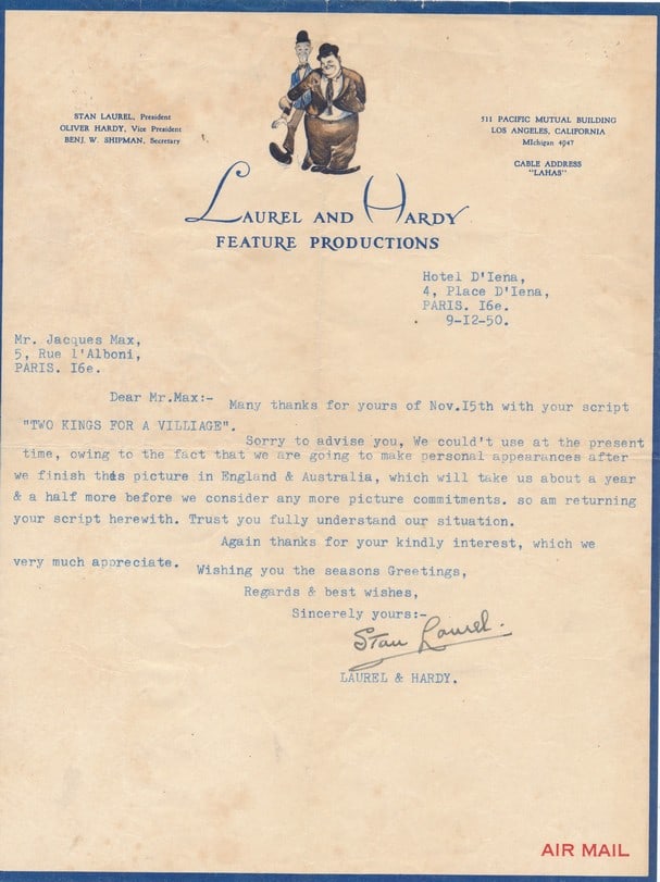 1050 Stan Laurel Signed Letter on Laurel and Hardy (1 of 1)