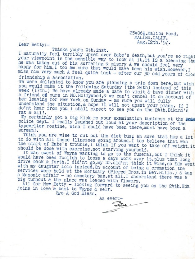 1957 Signed Letter Discussing Oliver Hardy's Death: Signed by Stan Laurel. Stan writes to a friend Betty. "I naturally feel terribly upset over Babe's death, but you're so right, Your viewpoint is the sensible way to look at it, it is a blessing that h