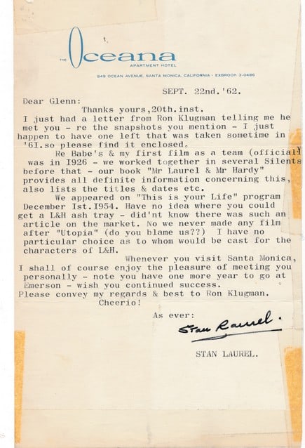 1962 Stan Laurel Signed Letter to College Student (1 of 3)