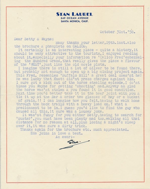 1958 Signed Letter Stan (Laurel) to Betty and Wayne (1 of 1)