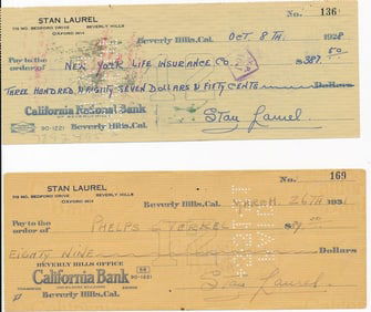 1928 & 1931 Signed Stan Laurel Checks