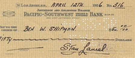 1926 Signed Stan Laurel Personal Check with COA