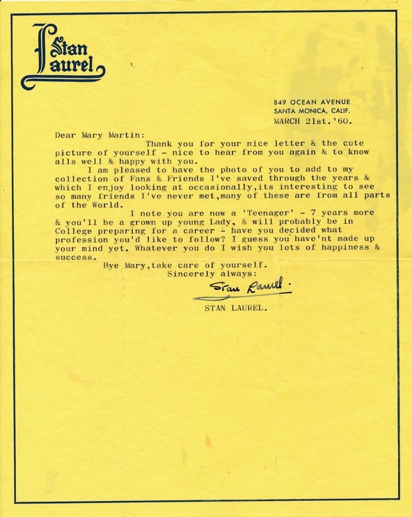 1960 Signed Stan Laurel Letter on Personal Letterhead (1 of 2)