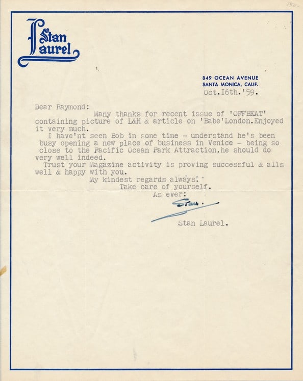 1959 Stan Laurel Signed Letter on Personal Stationary (1 of 1)