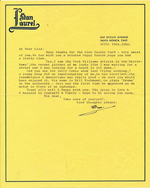 1960 Stan Laurel Signed Letter on Personal Stationary (1 of 1)