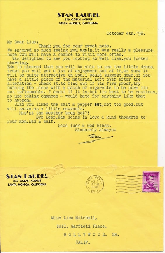 1958 Stan Laurel Signed Letter with Envelope (1 of 1)
