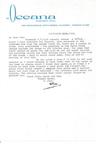 1960 Stan Laurel Letter on Oceana Letterhead with COA