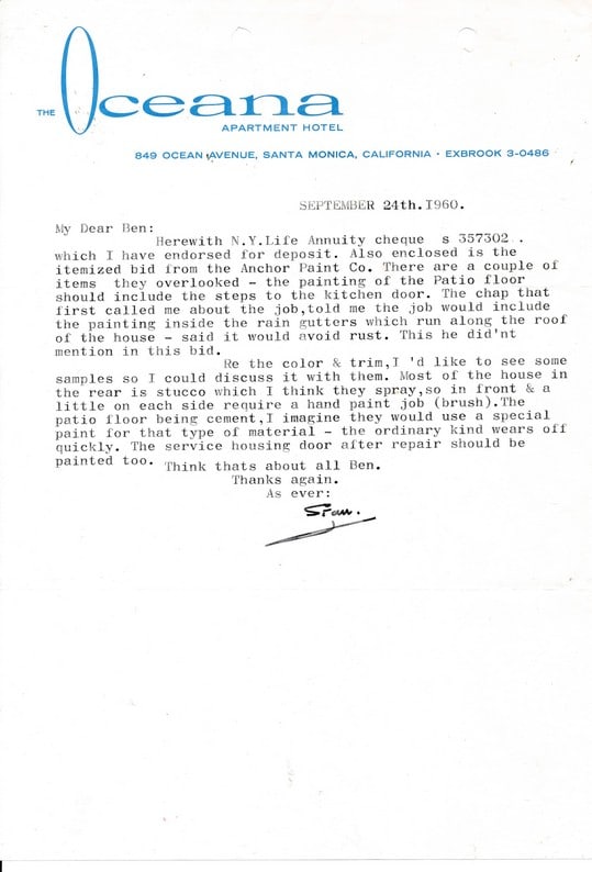 1960 Stan Laurel Letter on Oceana Letterhead with COA: September 24, 1960 signed letter on letterhead of the Oceana Apartment Hotel, Santa Monica, CA. 7 1/4" x 10 1/2". Laurel writes about the refurbishing of the Anchor Paint Company. In part: "The chap t