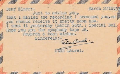 1957 Stan Laurel Signed Postcard to Elmer Westover