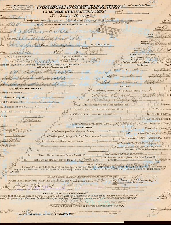 Stan Laurel 1932 Tax Return Signed. Has COA (1 of 12)
