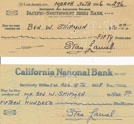 2 Signed Checks from Stan Laurel to Ben W. Shipman (1 of 2)