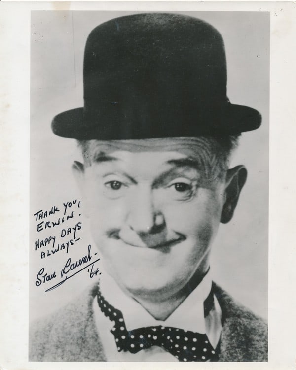 Signed and Inscribed Stan Laurel 8 x 10 Photo: Photo says "Thank you Erwin! Happy Days Always - Stan Laurel '64"