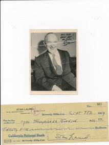 Stan Laurel Signed 1929 Check and Photo