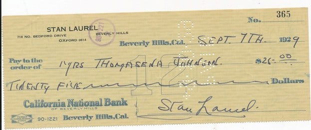 Stan Laurel Signed 1929 Check