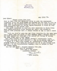 1959 Stan Laurel Signed Typed Letter with COA
