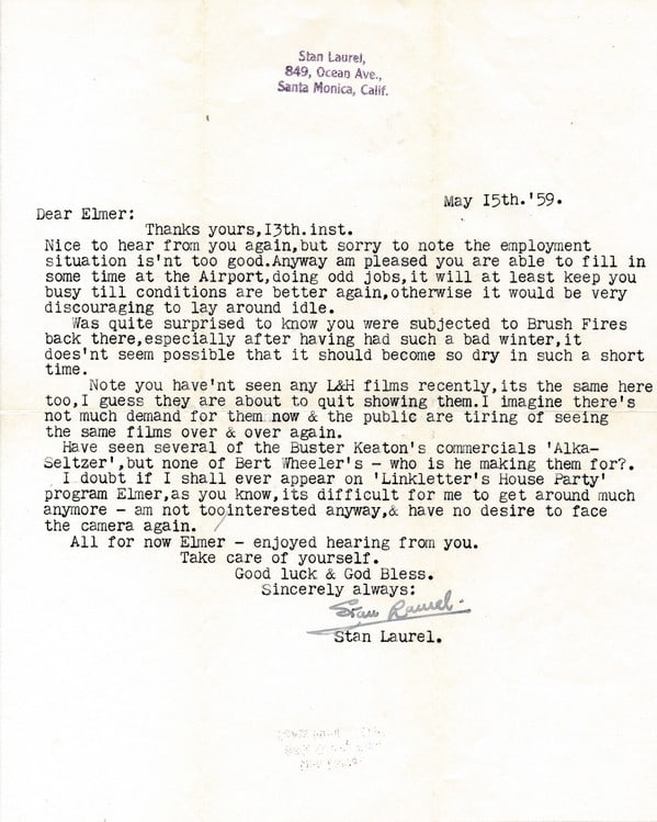 1959 Stan Laurel Signed Typed Letter with COA (1 of 3)