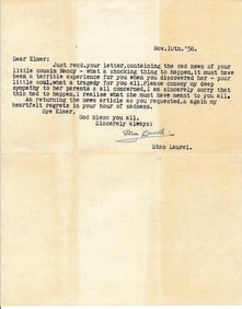 1958 Stan Laurel Signed Typed Letter wih COA