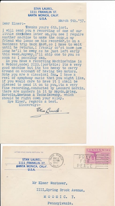 1957 Stan Laurel  Signed Typed Letter with COA (1 of 3)