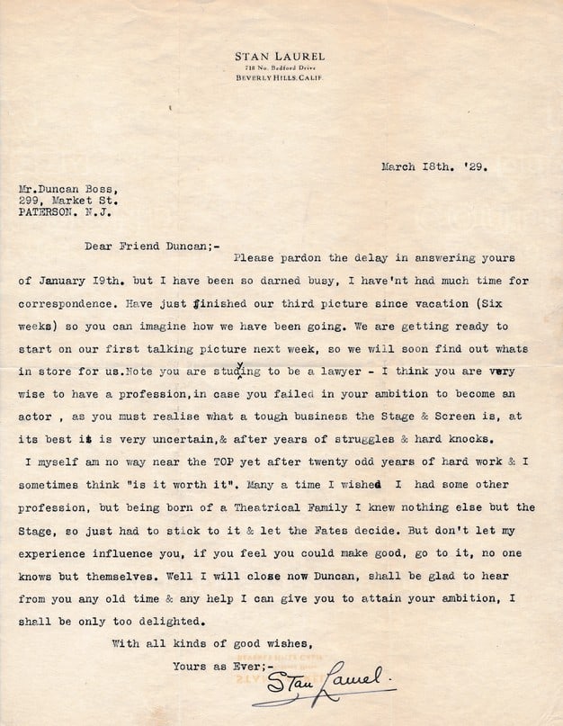 1929 Stan Laurel Signed Typed Letter with COA (1 of 5)